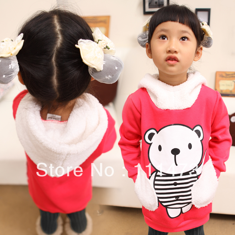 Children's clothing  baby girl cute bear long sleeve hoodies girls sweater  2 side pockets qf10415