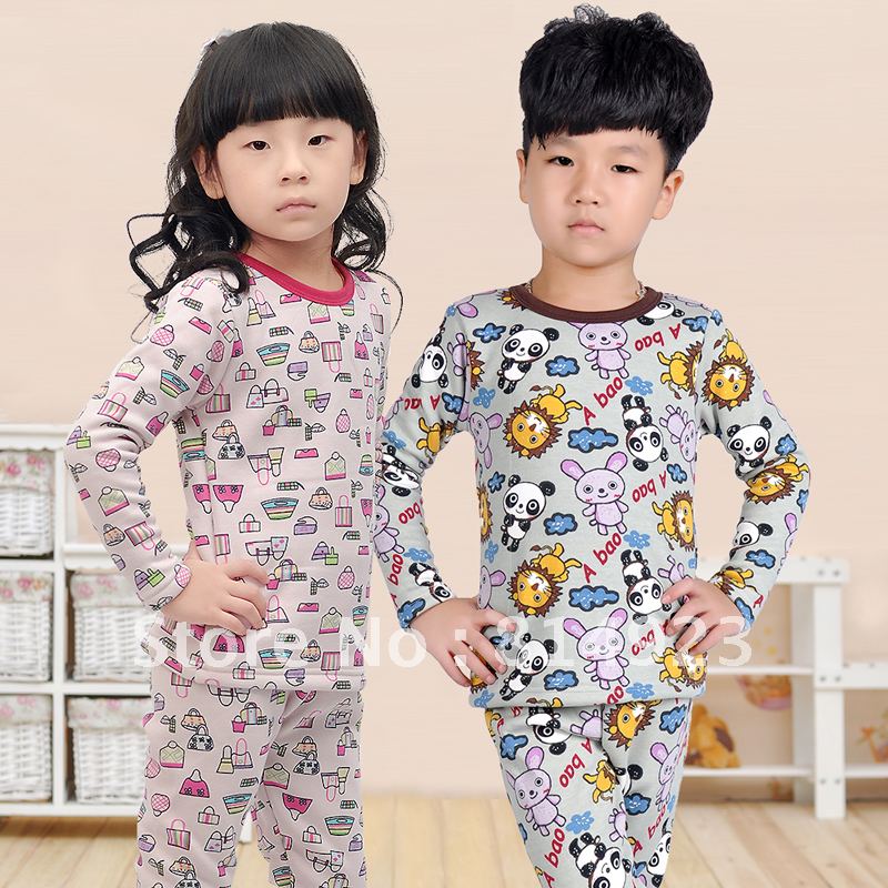 Children's clothing boys and girls cartoon baby pajamasPlus thick velvet thermal underwear sets for children