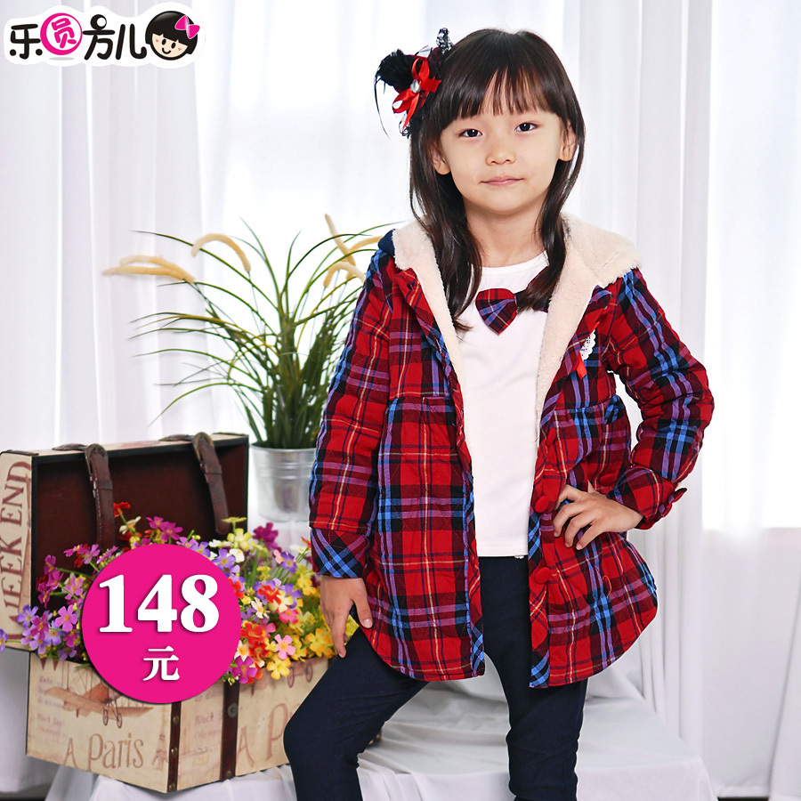 Children's clothing child plaid overcoat thin cotton-padded jacket female child with a hood fashion medium-long trench wadded