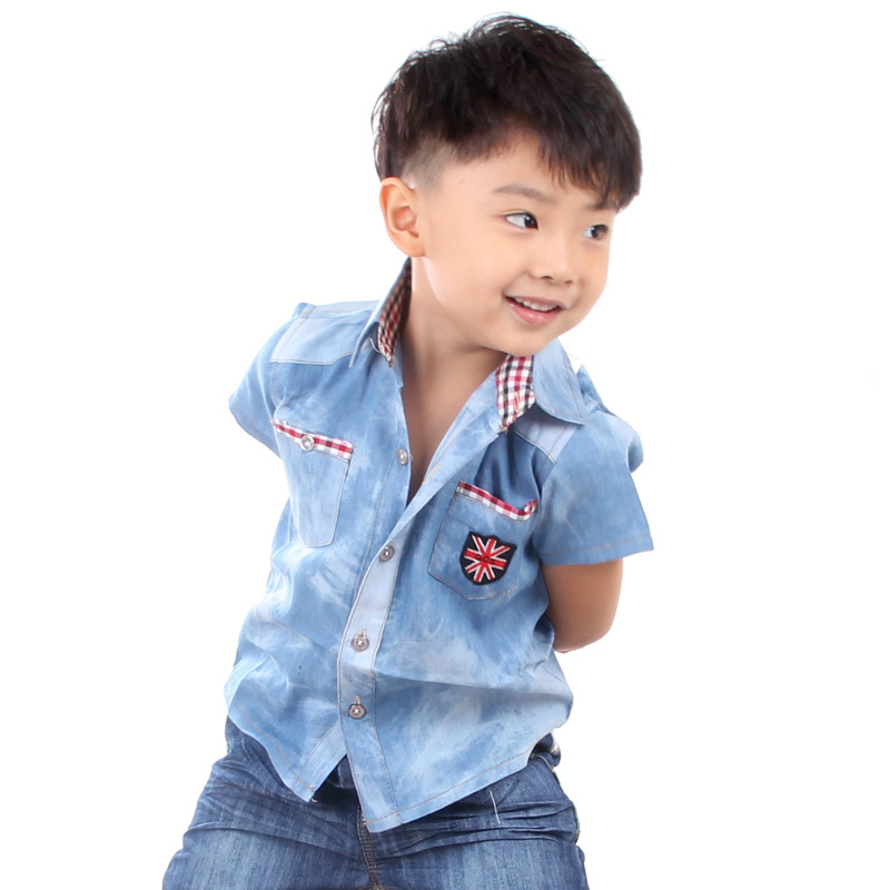 Children's clothing child short-sleeve jean shirt pure 100% cotton shirt kids casual summer shirt