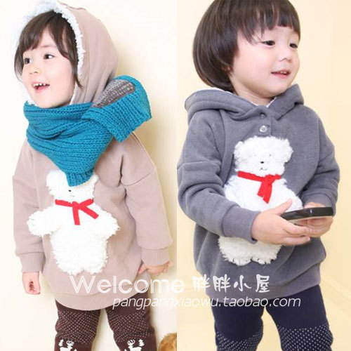 Children's clothing elegant female child bear plus velvet with a hood fleece