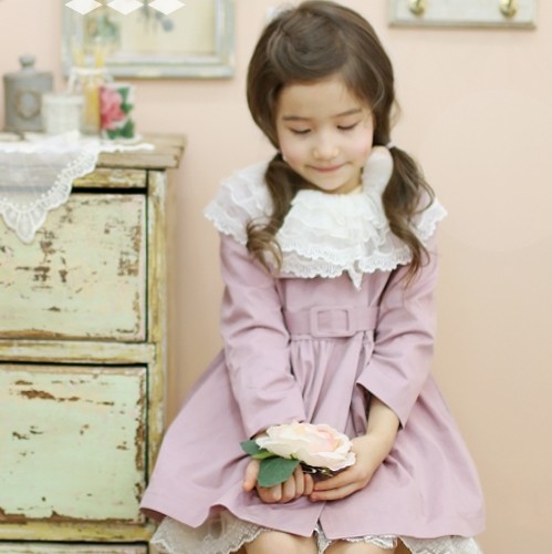 Children's clothing estelle spring lace solid color double breasted trench female child outerwear 0131