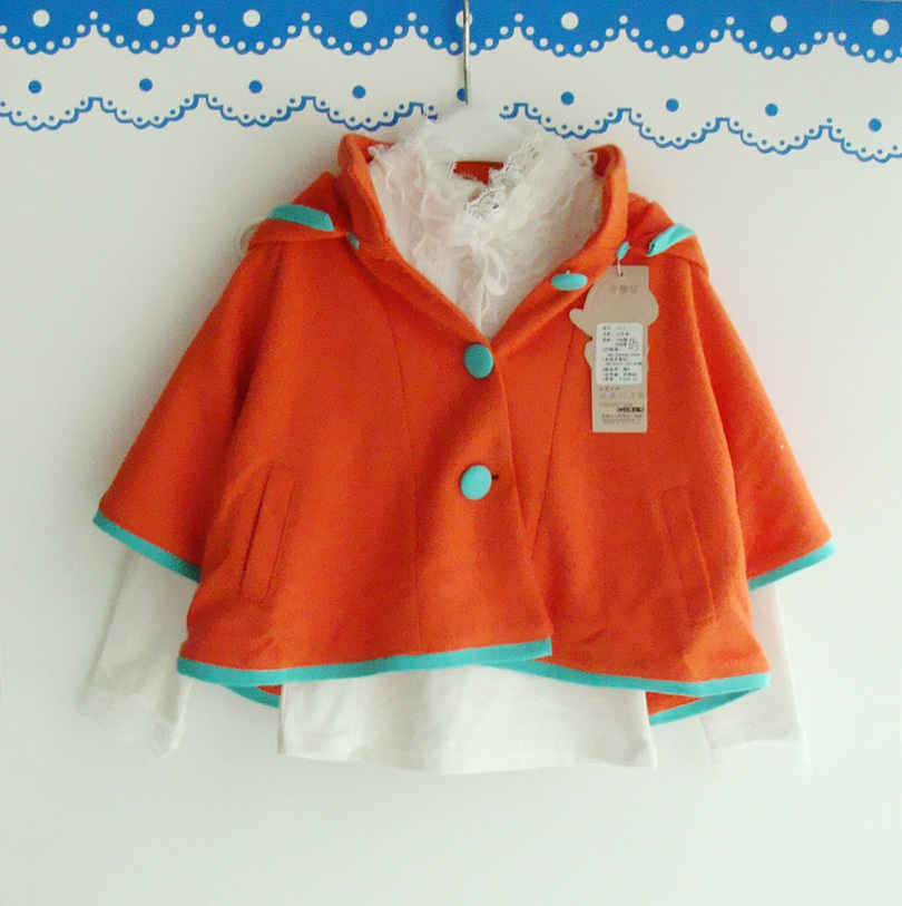 Children's clothing female child 2012 autumn child outerwear baby with a hood orange preppy style clothing cloak