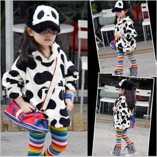 Children's clothing female child 2013 spring black and white cow sploshes with a hood batwing long-sleeve shirt coral fleece