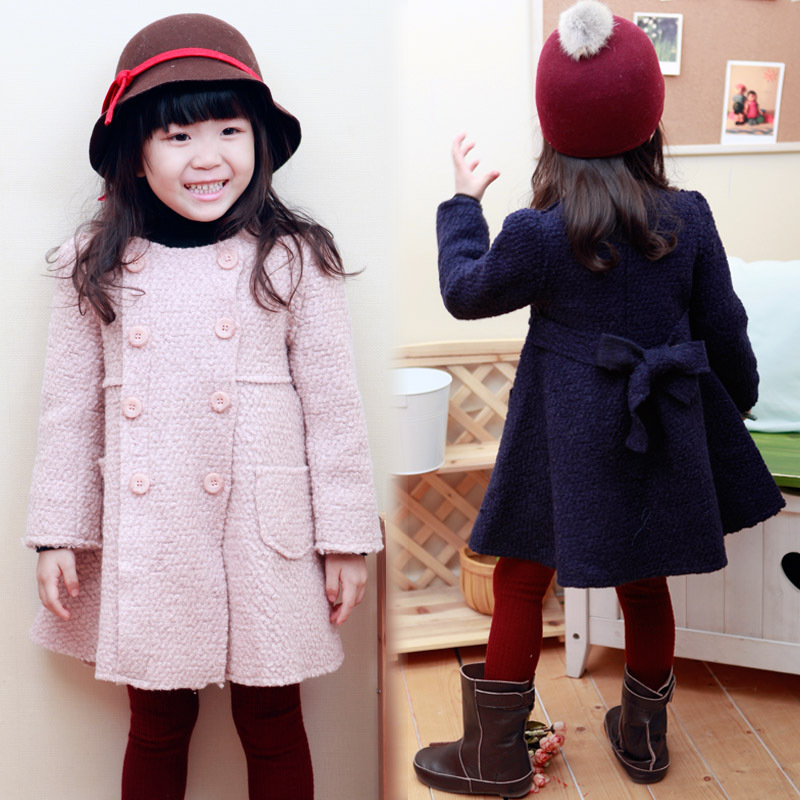 Children's clothing female child autumn and winter 12 o-neck double breasted back belt woolen overcoat trench 102318