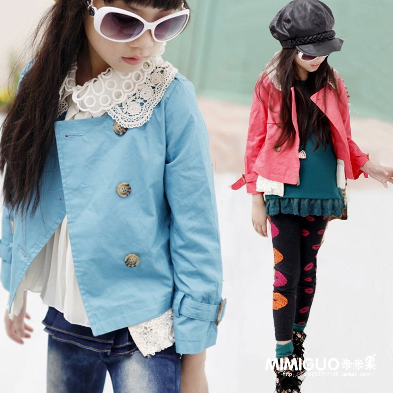 Children's clothing female child autumn chiffon pleated lace short design trench outerwear