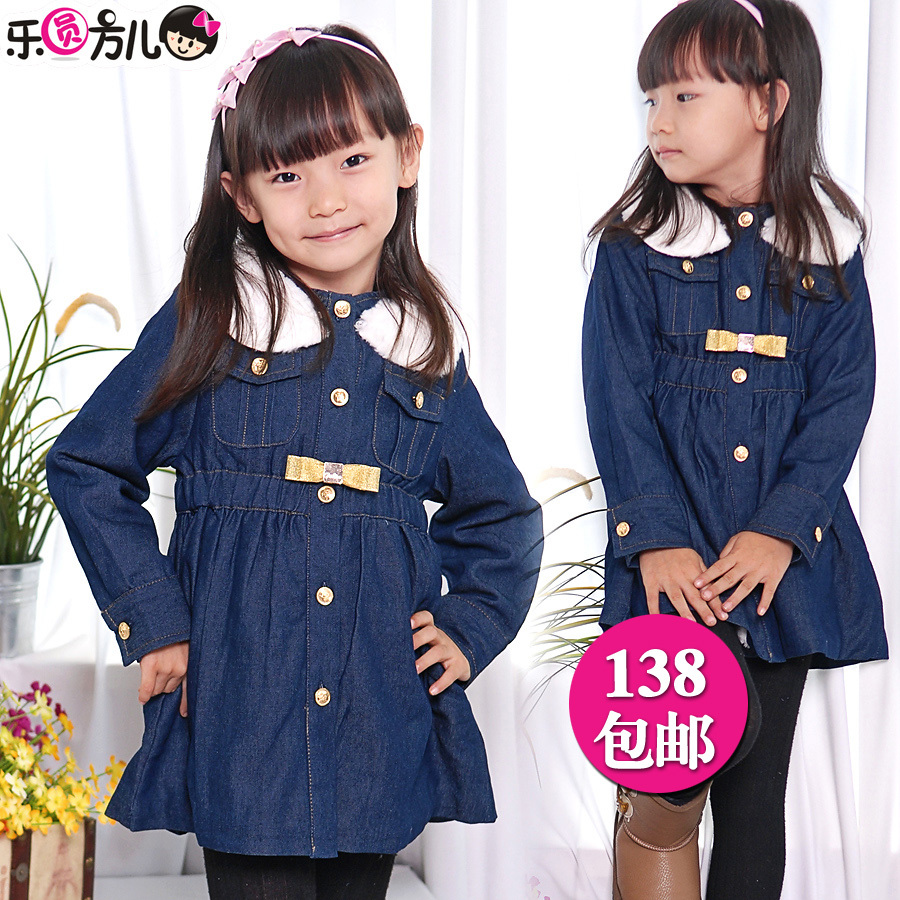 Children's clothing female child denim cotton trench child winter high waist fur collar cotton-padded jacket overcoat