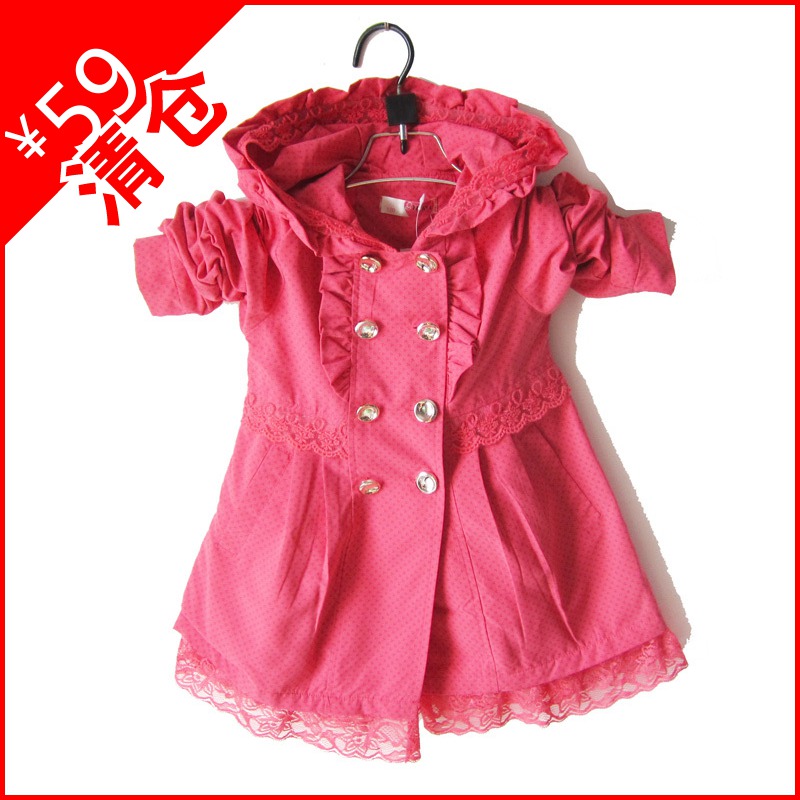 Children's clothing female child double breasted lace skirt outerwear medium-long trench thin