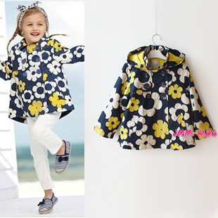 Children's clothing female child flower velvet waterproof hooded trench outerwear