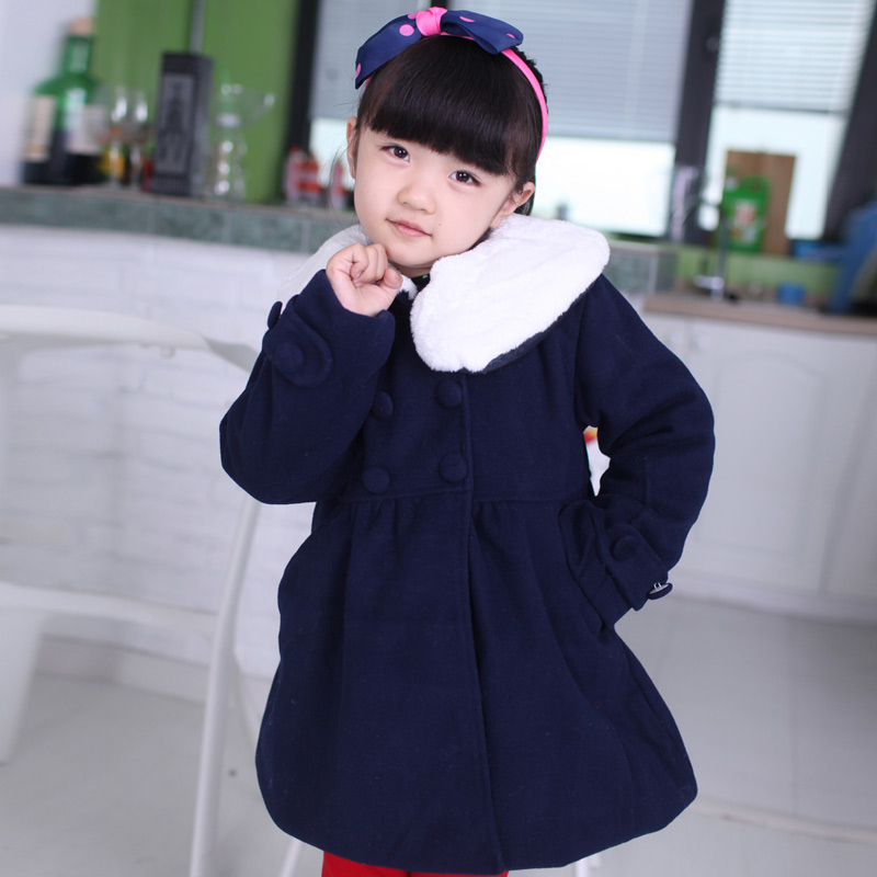 Children's clothing female child long design double breasted outerwear child baby thermal wool collar trench coat