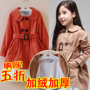 Children's clothing female child peter pan collar plus velvet child overcoat trench 0128-f02
