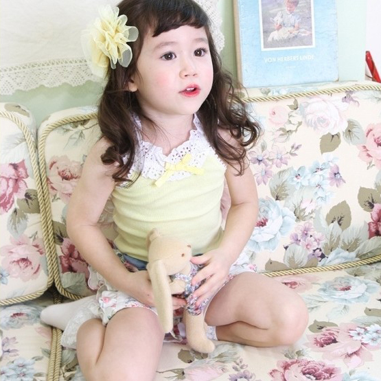 Children's clothing female child summer 2012 girls clothing wind lace collar t-shirt baby vest 100% cotton free shipping