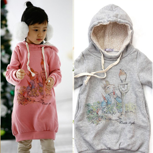 Children's clothing female child thickening white fleece long design with a hood sweatshirt outerwear 1217w43