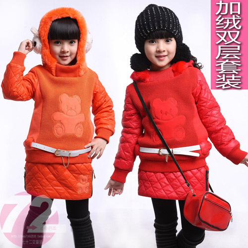 Children's clothing female child winter bear sports 2 piece set plus velvet thickening outerwear sweatshirt 2 piece set
