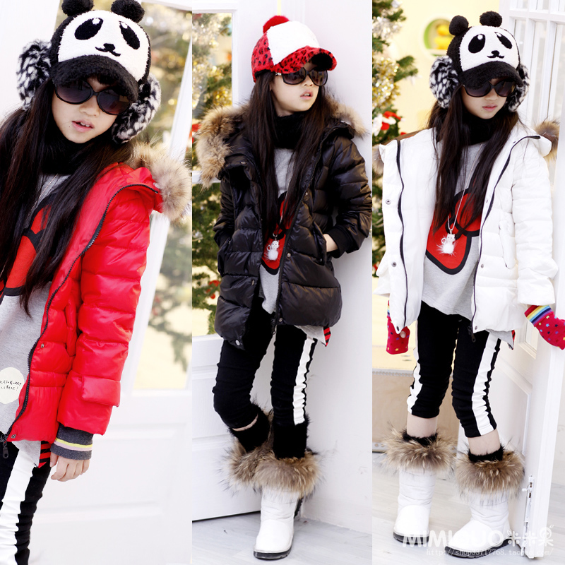 Children's clothing female winter child real fur roll up hem with a hood Emboss down coat outerwear