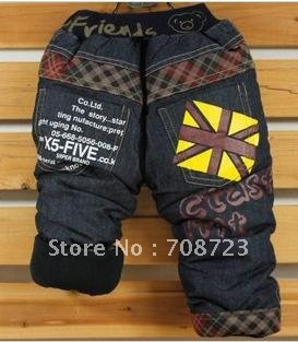Children's clothing han edition baby boy and girl jeans flocking jeans and cowboy thickened trousers to the fork