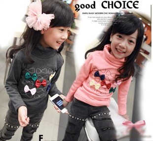 Children's clothing hot-selling rhinestones bow turtleneck child underwear plus velvet thickening female child fashion basic