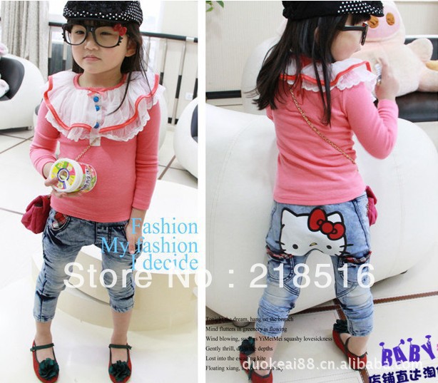 Children's clothing jeans hello kitty cowboy PP pants kid's trousers Free Shipping