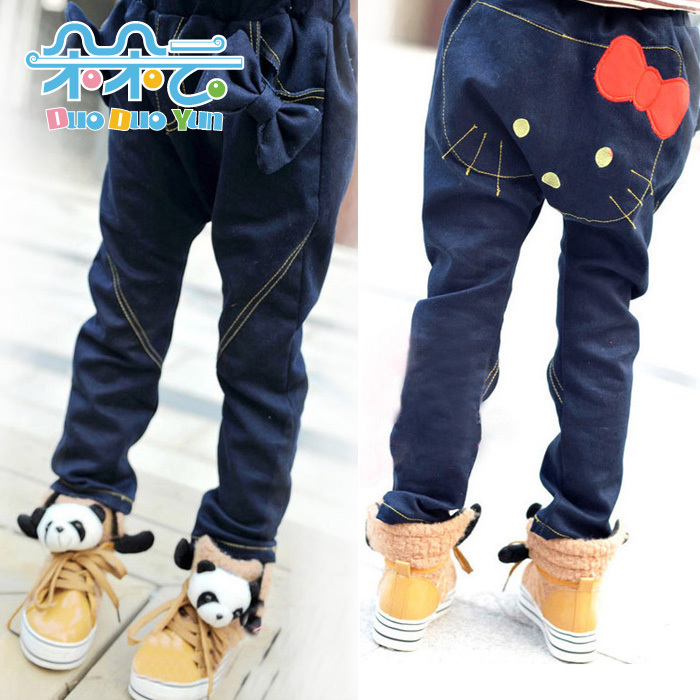 Children's clothing kitten bow female child faux denim big PP pants casual trousers ploughboys tk21013