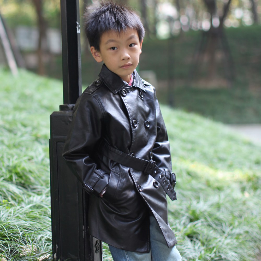 Children's clothing male female child child fashion elegant trench PU outerwear medium-long spring and autumn