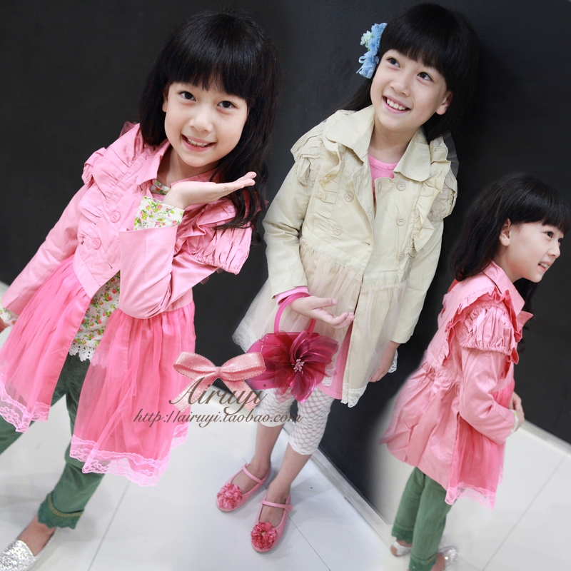 Children's clothing pleated baimuer elastic lace yarn double breasted trench outerwear