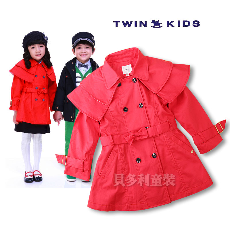 Children's clothing q small horse double layer cape double breasted belt trench