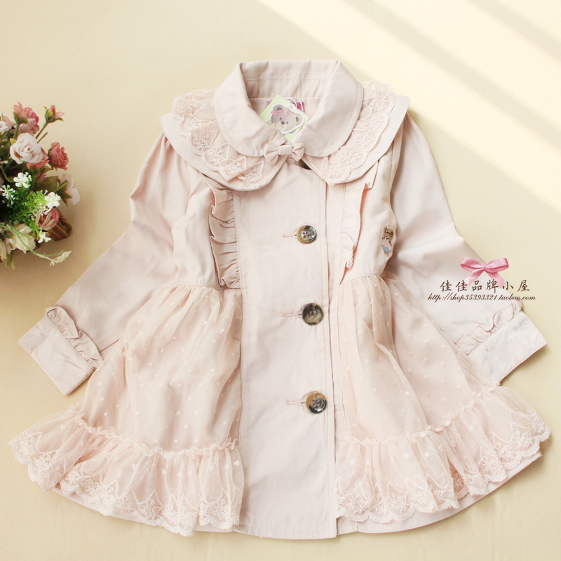 Children's clothing spring 2013 female child trench embroidery bear child lace collar spring and autumn outerwear