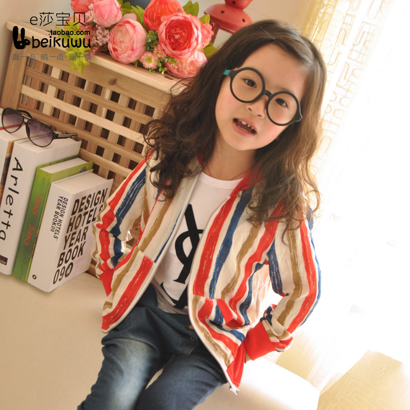 Children's clothing spring 2013 female child vertical stripe outerwear jacket british style child thin cardigan