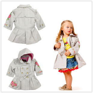 Children's clothing spring and autumn girls clothing linen cross stitch lace collar trench outerwear