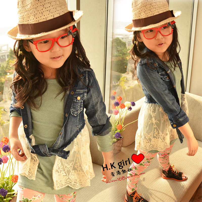 Children's clothing spring and summer female child denim outerwear exquisite lace decoration water wash baby outerwear cardigan