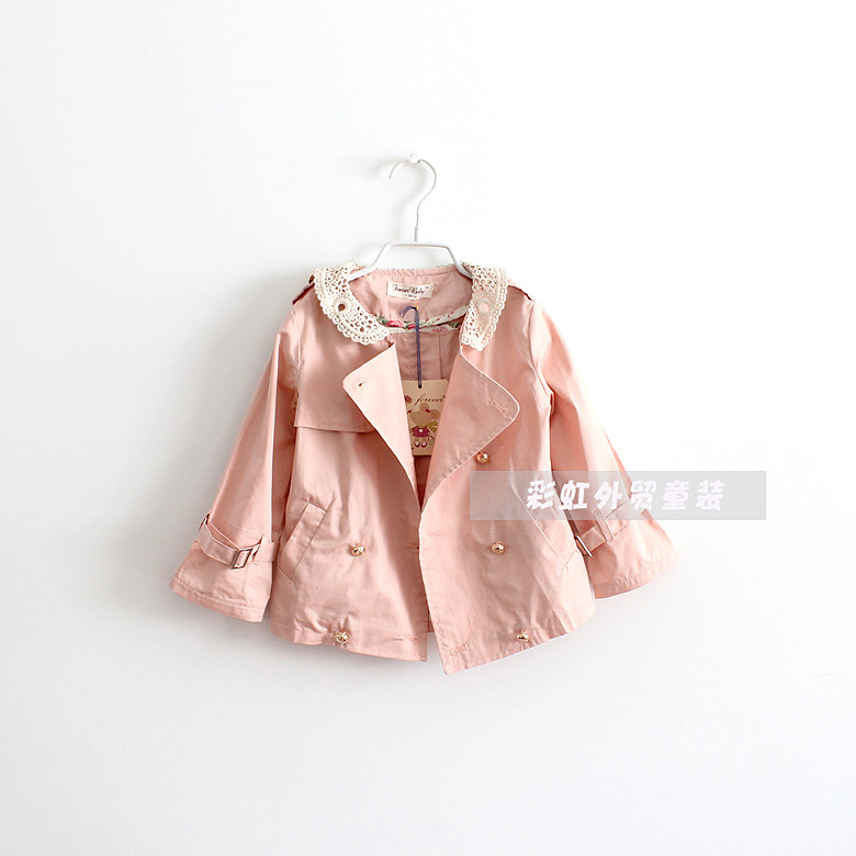 Children's clothing spring child female child baby lace turn-down collar trench outerwear double breasted short trench design