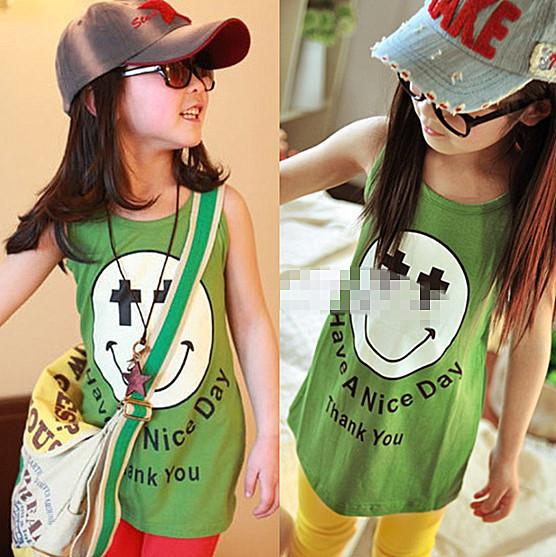 Children's clothing summer 2012 female child smiley pattern long design vest spaghetti strap t-shirt tank dress
