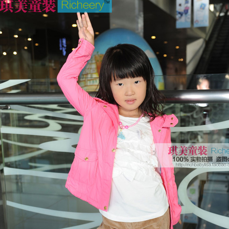 Children's clothing top candy color three-dimensional cut gold buckle with a hood stand collar princess trench jacket