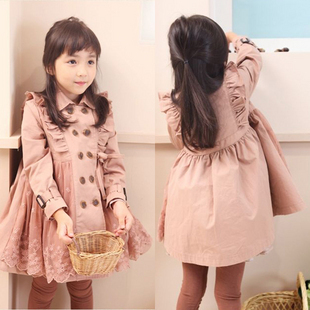 Children's clothing trench female child double breasted lace medium-long trench overcoat ls-0368