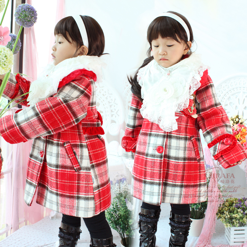 Children's clothing winter female child fur collar thickening thermal overcoat child single breasted red plaid outerwear trench