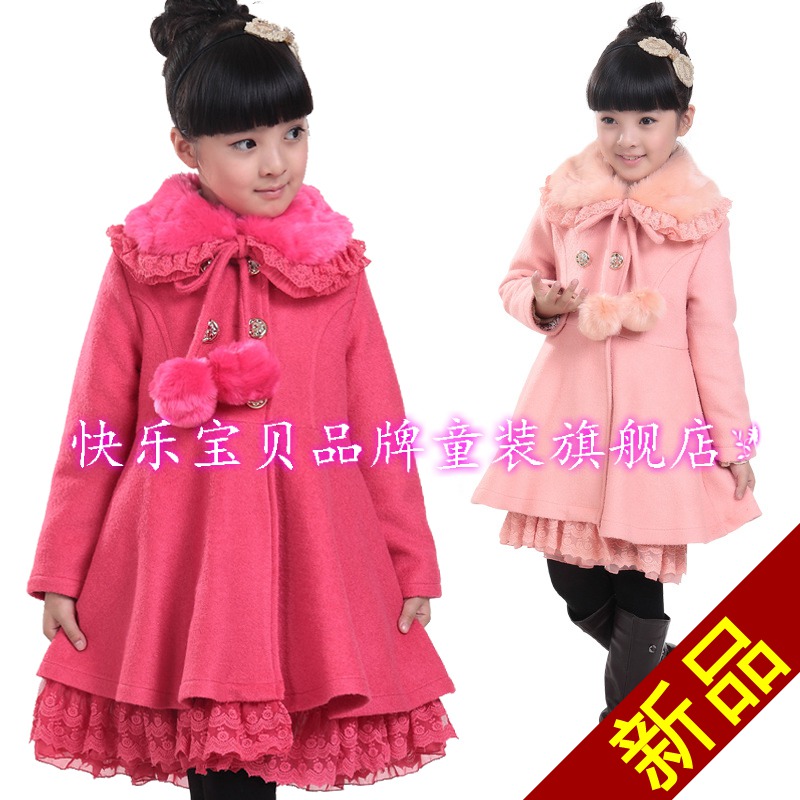 Children's clothing winter female child fur collar woolen overcoat lace skirt big trench outerwear