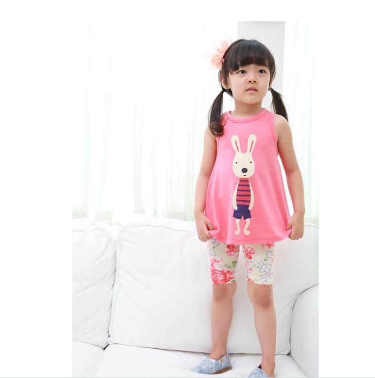 children's clotthing summer female girl's vest ctue little bunny printed cotton sleeveless T-shirt pink & blue