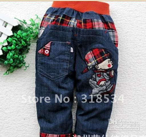 Children's jeans Baby trousers boy girl trousers cute baby jeans red Lattice Cowboy kids jeans