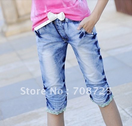 Children's jeans breeches 7 minutes of pants hot pants girls jeans elastic cowboy
