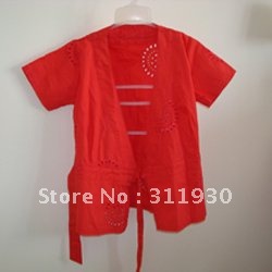 Children's Wear: Girl's sort sleeve wrap top, red & chocolate,100% cotton poplin.