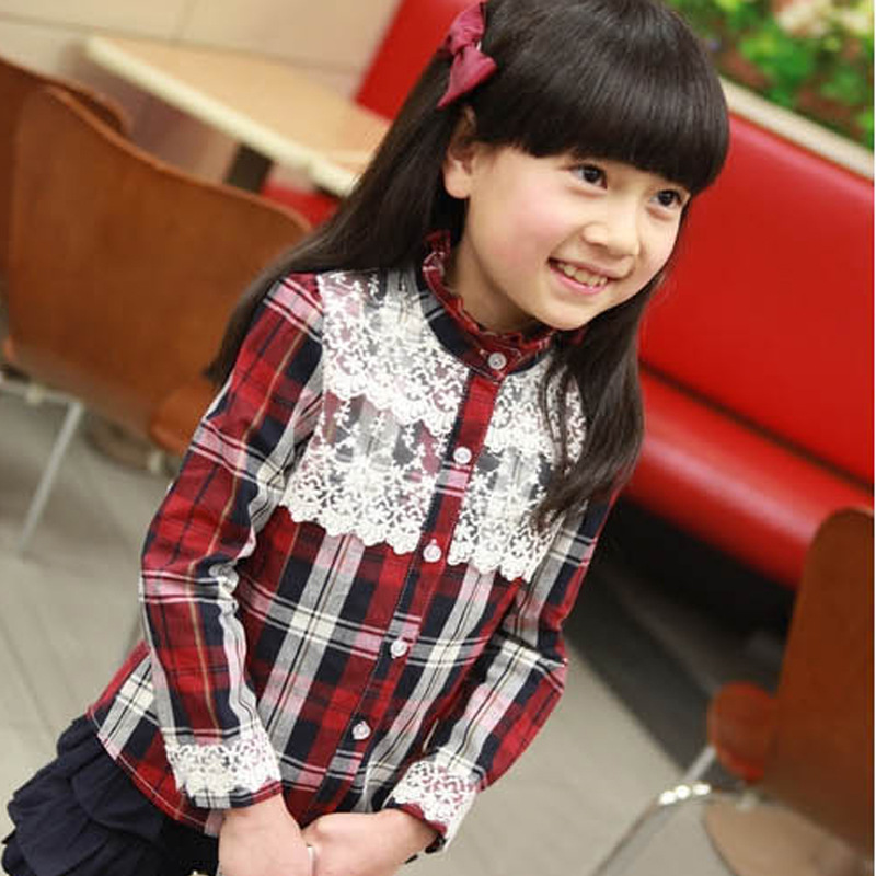 Children's wear spring of 2013 the new model of grid lace long sleeve shirtBritish style girls dark red stripe
