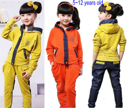 children sportswear casual clothing set, girl's spring sport suit/hoodie, fashion color jeans 2pcs set sportswear,free shipping