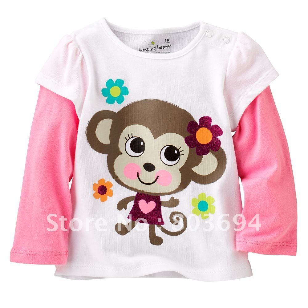 children White pink long-sleeved T-shirt have cute little monkey, you like it? hl-nn