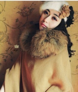 Chili autumn and winter raccoon large fur collar with a hood cloak sweater outerwear overcoat sweater female