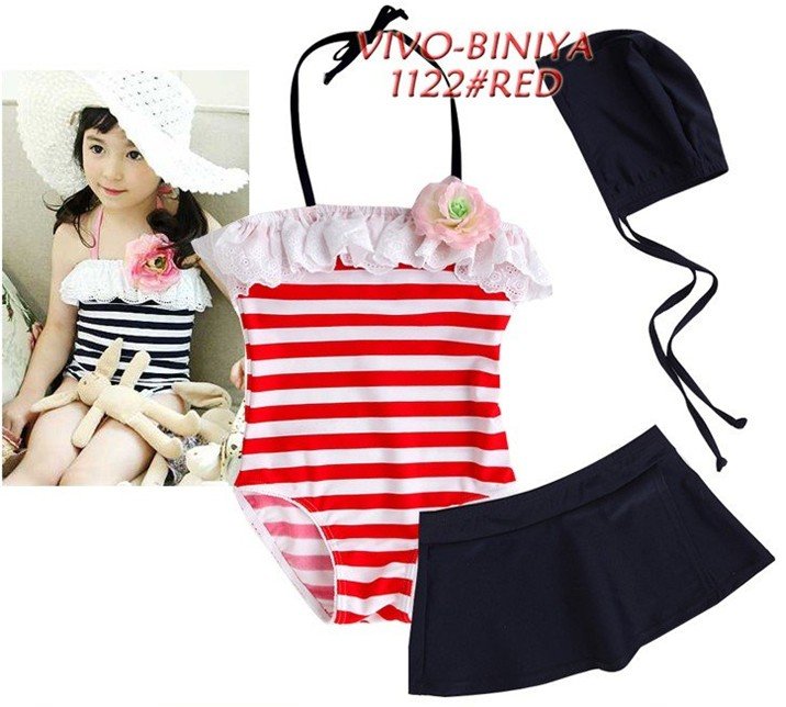 China Air post free shipping 5 pcs/lot navy stripe swimwear beach wear kid swimsuit girl bikini two colors with hat 2-6t