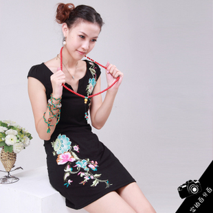 chinese cheongsam sexy dress and skirts 2012 chinese style embroidery flower slim national trend short-sleeve dress