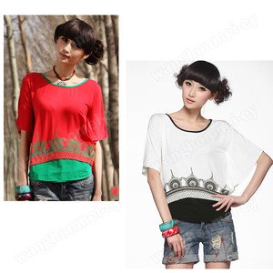 Chinese New Style Womens Bat Sleeve Top loose T-shirt blouse