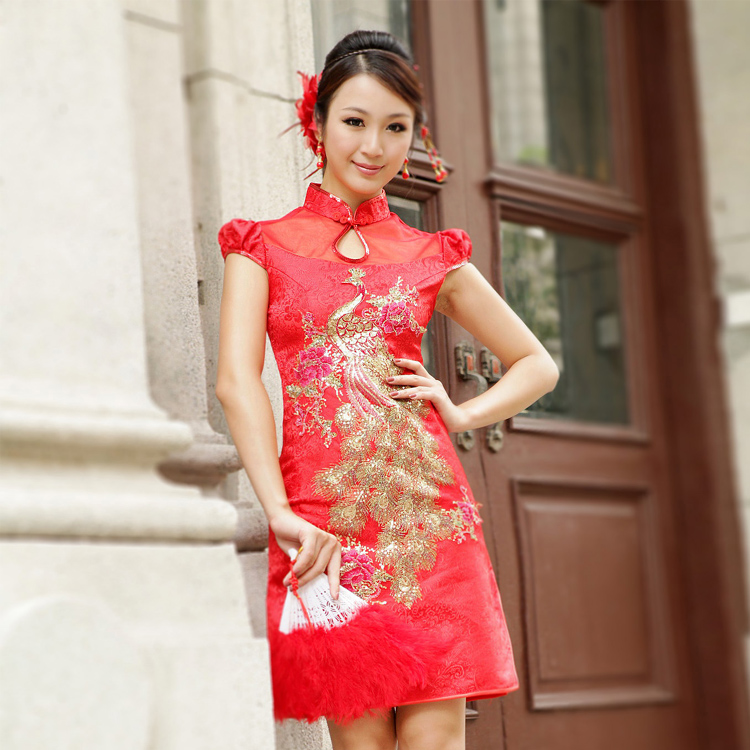 Chinese style gold thread embroidery slim sexy bride short design cheongsam qc1832