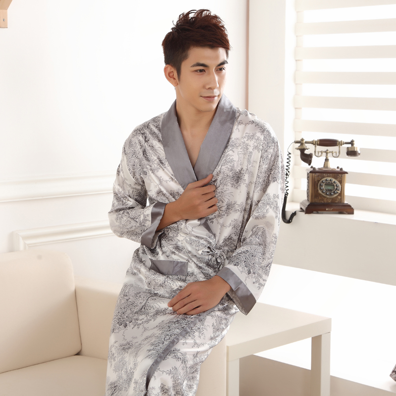 Chinese style male flower print silk robe lounge s81275