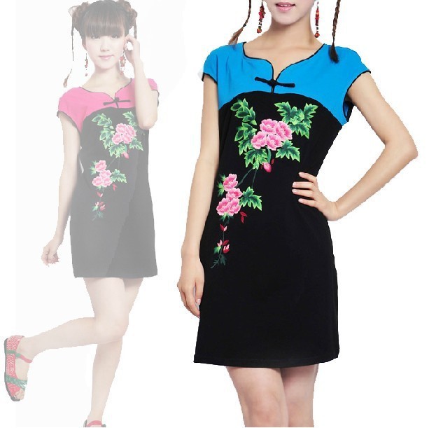 chinese style national trend embroidery flower slim intellectuality elegance one-piece dress